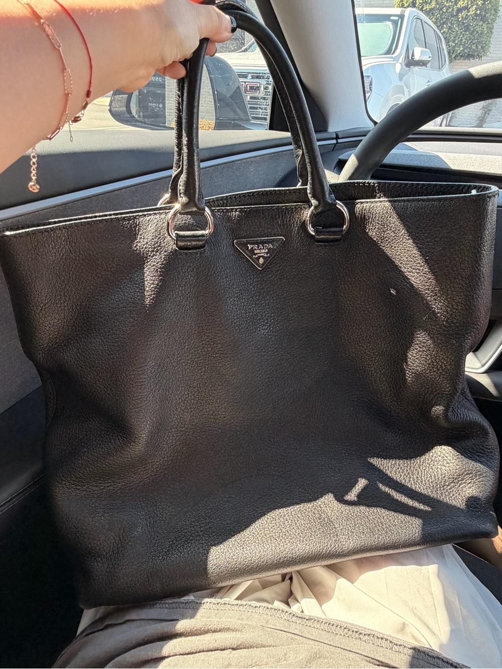 PRADA Black Vitello Daino Leather Large Shopping Tote Bag - Picture 3 of 6
